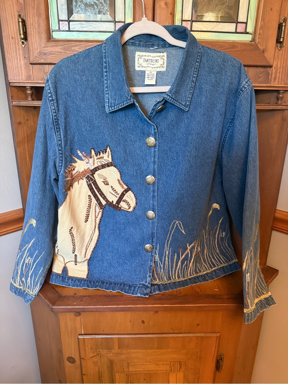 Tantrums vintage 100% cotton Horse Equestrian Western Denim Beaded Sequin Jacket